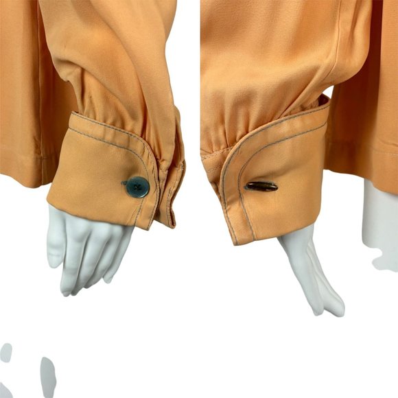 Vintage 60s Peach Blouse Women's Medium Gray Dagger Collar Long Sleeve Button Do - Picture 6 of 12